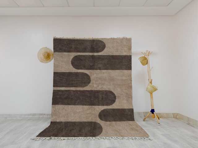 Modern Beni Ourain Rug - Handmade Wool Moroccan Carpet in Beige & Brown, Abstract Wave Design - image 1