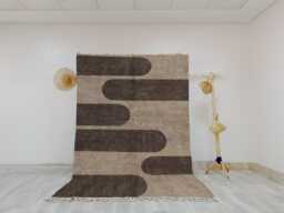 Modern Beni Ourain Rug - Handmade Wool Moroccan Carpet in Beige & Brown, Abstract Wave Design - thumbnail 1