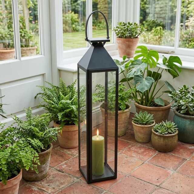 Tall Black Metal Lantern With Glass Panels & Leather-Effect Handle - image 1