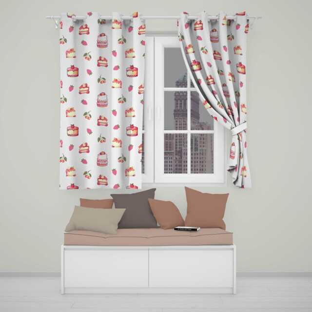 Cute Strawberry Cherry Cake Dessert Cream Background Seamless Pattern Readymade Eyelet Ring Top Thermal 100% Blackout Curtains - image 1