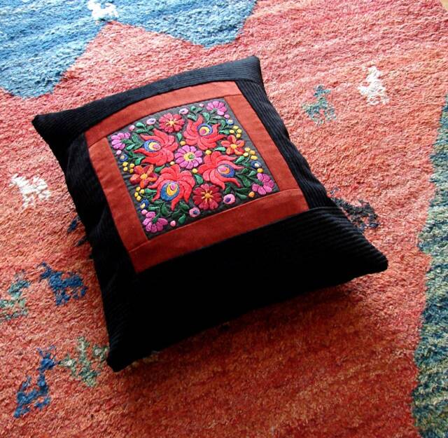 Black Folk Art Silk Needlework Pillow Case, Maty?? Embroidered Pillowcase/Floral Pattern, Traditional Hungarian Matyo Style 17x15Inch - image 1