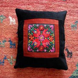 Black Folk Art Silk Needlework Pillow Case, Maty?? Embroidered Pillowcase/Floral Pattern, Traditional Hungarian Matyo Style 17x15Inch - thumbnail 3