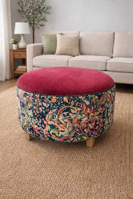 Handmade Floral Velvet Footstool Pink Botanical Ottoman Pouffe - image 1