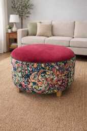 Handmade Floral Velvet Footstool Pink Botanical Ottoman Pouffe