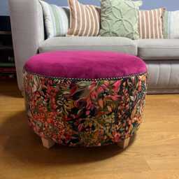 Handmade Floral Velvet Footstool Pink Botanical Ottoman Pouffe - thumbnail 2