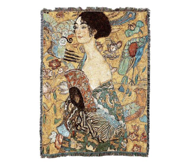 Lady With Fan Woven Tapestry Throw Blanket By Gustav Klimt, Large Soft Comforting, Artistic Textured Design 100% Cotton Made in Usa 72x54 - image 1