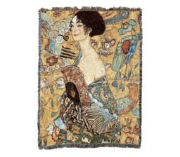 Lady With Fan Woven Tapestry Throw Blanket By Gustav Klimt, Large Soft Comforting, Artistic Textured Design 100% Cotton Made in Usa 72x54