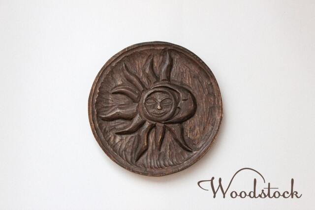 Hand Carved Wood Sun & Moon, Bohemian Wall Art