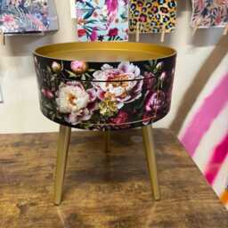 Round Bedside Table , Black & Gold Nightstand With Baroque Floral Design, Moody Home Decor. Side Storage Drawer