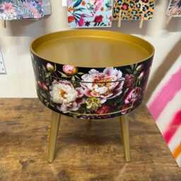 Round Bedside Table , Black & Gold Nightstand With Baroque Floral Design, Moody Home Decor. Side Storage Drawer - thumbnail 3