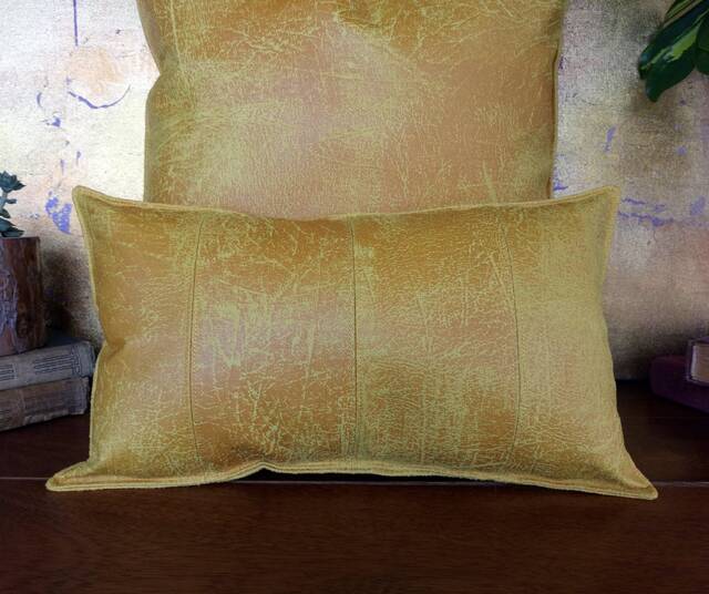 Yellow Vegan Leather Lumbar Pillow Cover - Decorative Stitch Accent - image 1