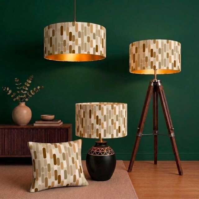New High Quality Handmade Brown Neutral Eirth Colour Strips Pattern On Velvet Drum Shape Lamp Shade Pendant Light All Size - image 1