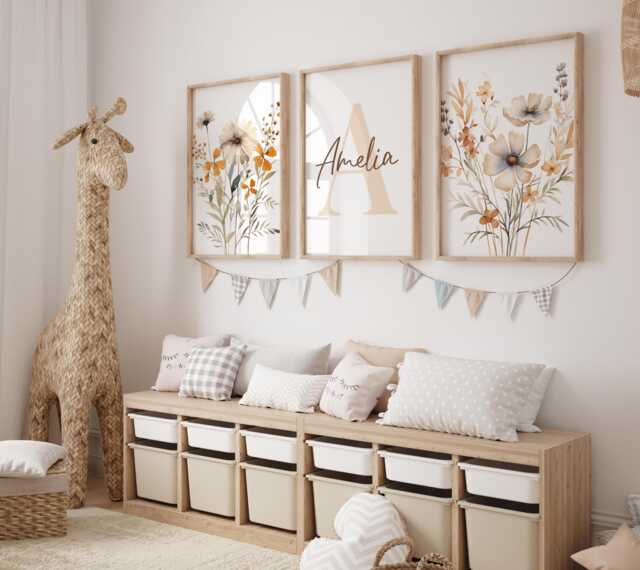 Set Of 3 Wildflower Nursery Prints - Custom Name Watercolour Floral Personalised Girl Baby Room Boho Neutral Beige Blue Sage Unframed - image 1