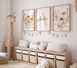 Set Of 3 Wildflower Nursery Prints - Custom Name Watercolour Floral Personalised Girl Baby Room Boho Neutral Beige Blue Sage Unframed - thumbnail 1