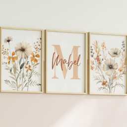Set Of 3 Wildflower Nursery Prints - Custom Name Watercolour Floral Personalised Girl Baby Room Boho Neutral Beige Blue Sage Unframed - thumbnail 3