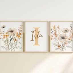 Set Of 3 Wildflower Nursery Prints - Custom Name Watercolour Floral Personalised Girl Baby Room Boho Neutral Beige Blue Sage Unframed - thumbnail 2