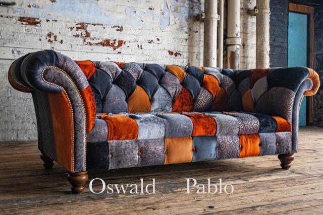 Unique British Handmade 3 Seater Copper Orange & Grey Velvet Fabric Patchwork Chesterfield Sofa - image 1