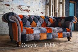 Unique British Handmade 3 Seater Copper Orange & Grey Velvet Fabric Patchwork Chesterfield Sofa