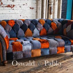 Unique British Handmade 3 Seater Copper Orange & Grey Velvet Fabric Patchwork Chesterfield Sofa - thumbnail 2