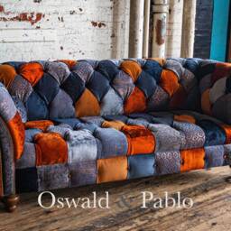 Unique British Handmade 3 Seater Copper Orange & Grey Velvet Fabric Patchwork Chesterfield Sofa - thumbnail 3
