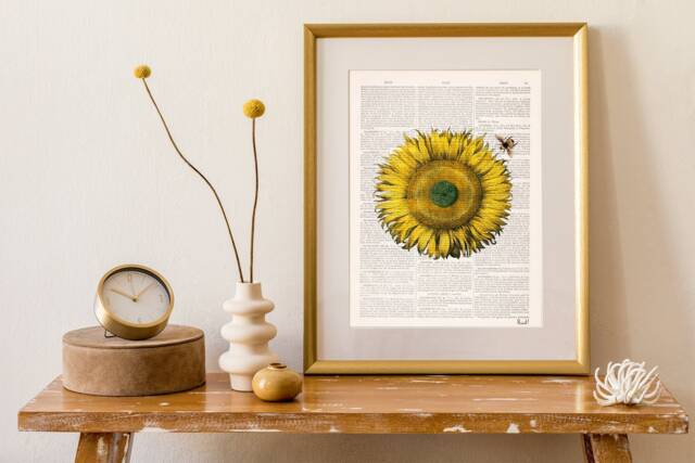 Sunflower Bee Art Print Upcycled Vintage Book Page - image 1