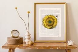Sunflower Bee Art Print Upcycled Vintage Book Page - thumbnail 1