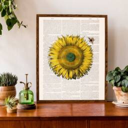 Sunflower Bee Art Print Upcycled Vintage Book Page - thumbnail 3