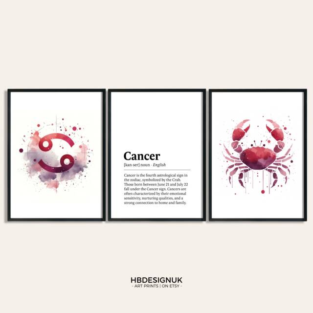Cancer Zodiac Print - Set Of 3 Posters - Watercolour Gift Astrology Paintings Star Sign Wall Art Artwork Decor For Her - image 1