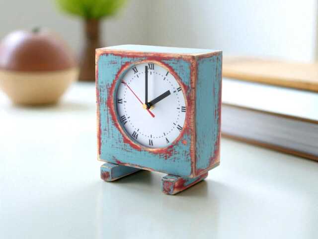 Blue Pink Wooden Desk Clock Silent, Handmade Square Table - image 1