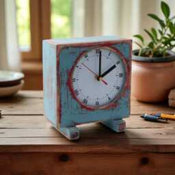Blue Pink Wooden Desk Clock Silent, Handmade Square Table - thumbnail 4