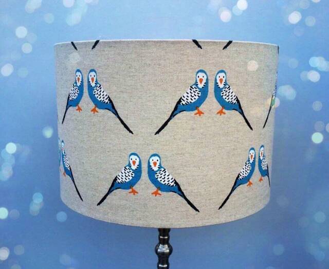 Budgies On Oatmeal Linen Like Fabric Drum Shaped Lampshade. Only One 30cm Diameter Size Available - image 1