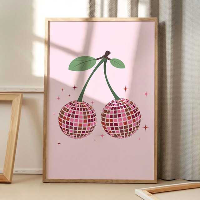 Disco Ball Cherry Art Canvas Poster, Trendy Wall Art, Aesthetic Decor, Retro Home Printed Gift - image 1