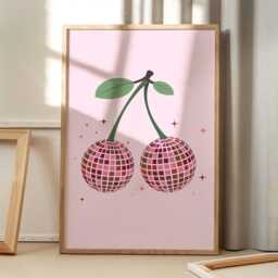 Disco Ball Cherry Art Canvas Poster, Trendy Wall Art, Aesthetic Decor, Retro Home Printed Gift - thumbnail 1