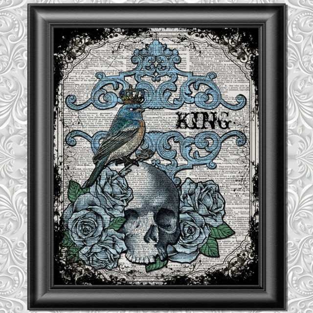 Dictionary Art King Bird, Skull & Roses Poster Wall Decor, Tattoo Style Love Print