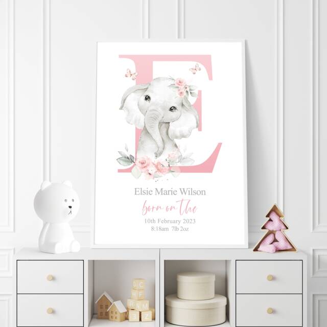 Personalized Baby Girl Print Watercolor Elephant Keepsake - image 1