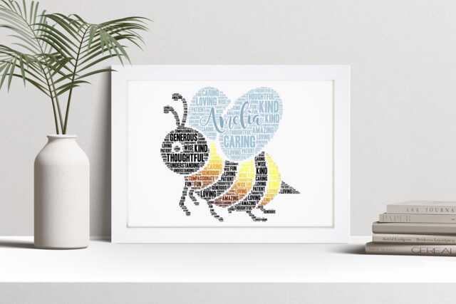 Personalised Bee Word Art Print, Teacher, Gardener Gift, Custom Wall Framed Picture, Present For Him, Her Nl - image 1