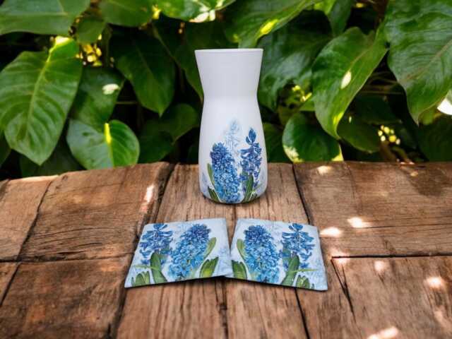 Hyacinth Gift Set, Flower Vase & Coaster Birthday, Gifts For Her, Mum, Nan, Blue Decor, Hyacinth - image 1
