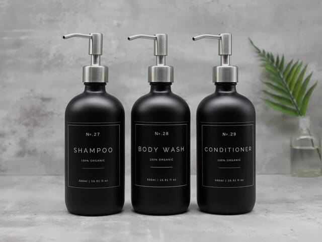 Matte Black Glass Shampoo Dispenser Refillable Bottle With Silver Metal Pump - image 1