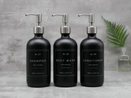 Matte Black Glass Shampoo Dispenser Refillable Bottle With Silver Metal Pump