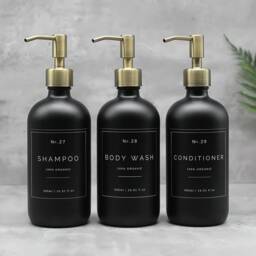 Matte Black Glass Shampoo Dispenser Refillable Bottle With Silver Metal Pump - thumbnail 3