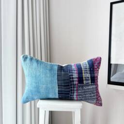 Vintage Hmong Pillow Cover Hand Block Print Hemp Cushion - 16 X 26 - thumbnail 3
