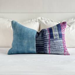 Vintage Hmong Pillow Cover Hand Block Print Hemp Cushion - 16 X 26 - thumbnail 1