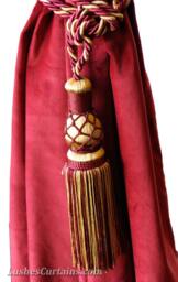 1 Beautiful Luxury Gold & Burgundy Curtain Drapery Tassel Rope Tieback Handmade Home Housewares Decor Window Treatment Vintage Look Holdings - thumbnail 2