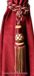 1 Beautiful Luxury Gold & Burgundy Curtain Drapery Tassel Rope Tieback Handmade Home Housewares Decor Window Treatment Vintage Look Holdings - thumbnail 1