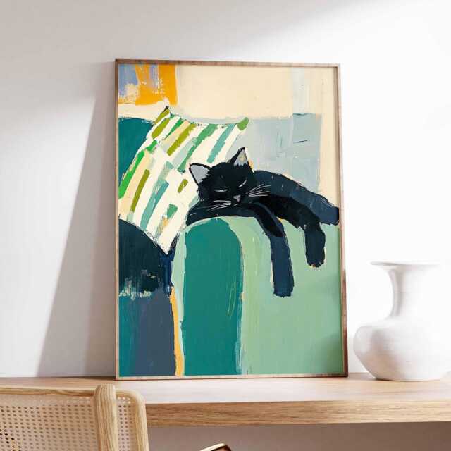 Black Cat Wall Art Print, Modern Abstract Poster, Contemporary Animal Artwork, Cozy Home Decor For Living Room Or Bedroom - image 1