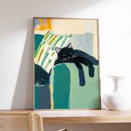 Black Cat Wall Art Print, Modern Abstract Poster, Contemporary Animal Artwork, Cozy Home Decor For Living Room Or Bedroom - thumbnail 1