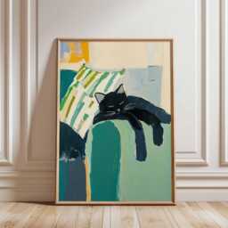 Black Cat Wall Art Print, Modern Abstract Poster, Contemporary Animal Artwork, Cozy Home Decor For Living Room Or Bedroom - thumbnail 2