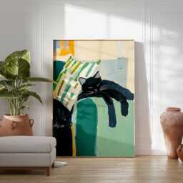 Black Cat Wall Art Print, Modern Abstract Poster, Contemporary Animal Artwork, Cozy Home Decor For Living Room Or Bedroom - thumbnail 3