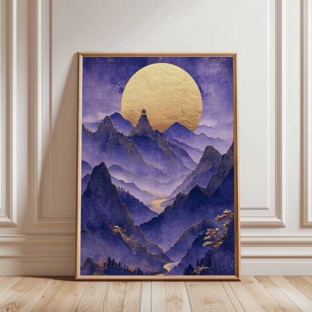 Purple Moon Mountain Landscape Poster Gold Asian Wall Art Vertical Nature Print For Living Room Bedroom Office Decor, Ink - image 1
