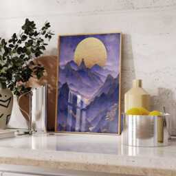 Purple Moon Mountain Landscape Poster Gold Asian Wall Art Vertical Nature Print For Living Room Bedroom Office Decor, Ink - thumbnail 3